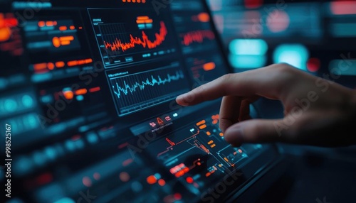 A close-up of a hand interacting with a futuristic touchscreen display showing data analytics and graphs.
