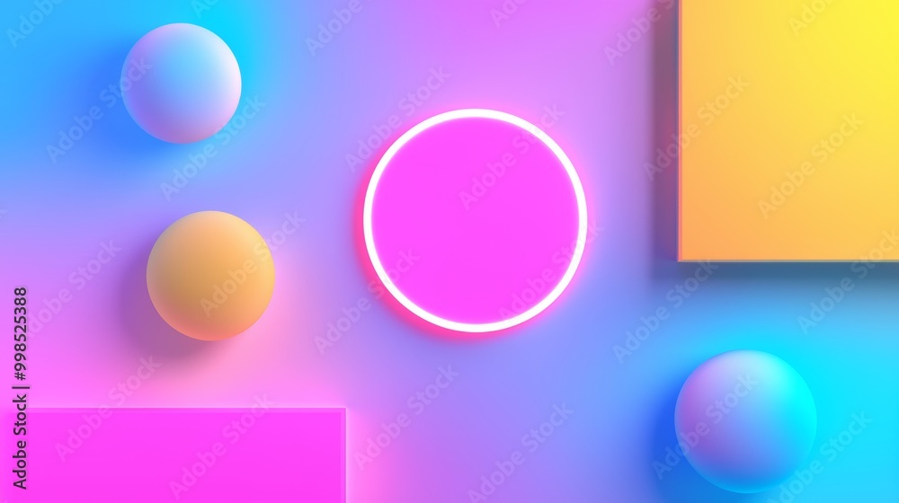 A futuristic abstract design with neon circles and squares in gradients of pink, blue, and yellow, layered to create depth and contrast.