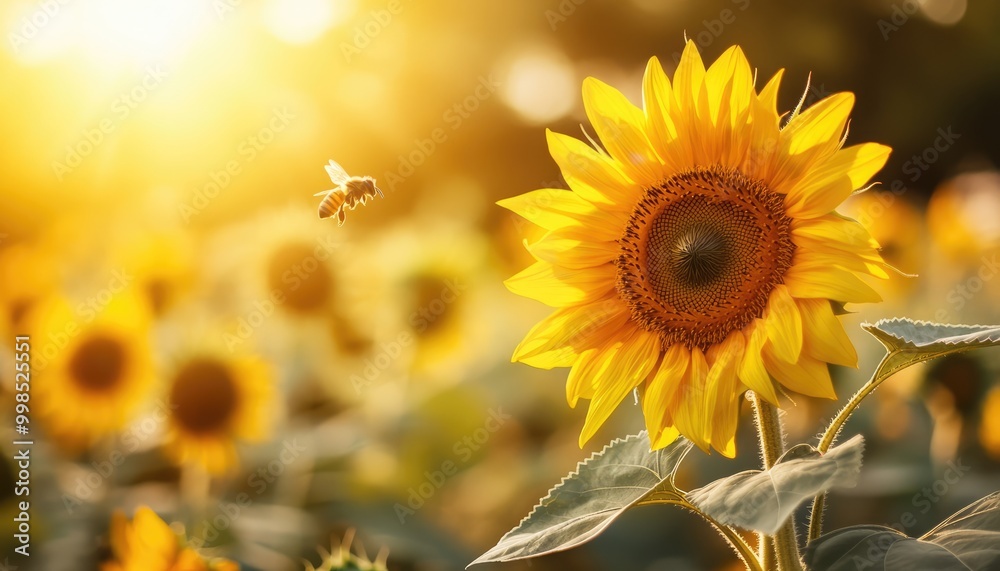 Obraz premium Sunflower Field with Bees in Bright Sunlight