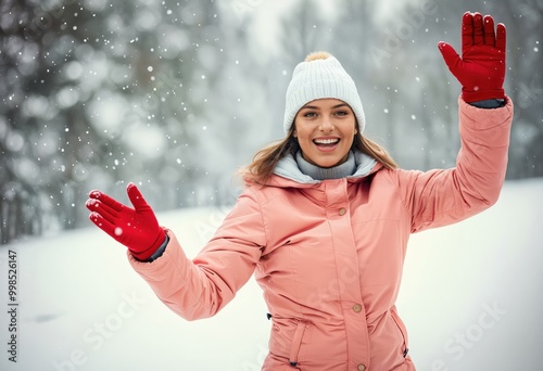 A joyful young woman in a pink jacket and red gloves, waving at the camera in a snowy forest, exudes joy and warmth amidst the winter wonderland