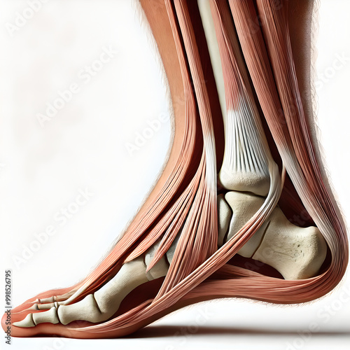 A detailed anatomical diagram of the Achilles tendon, showing its connection between the calf muscles (gastrocnemius and soleus), heel bone (calcaneus). thick, fibrous nature of tendon. photo