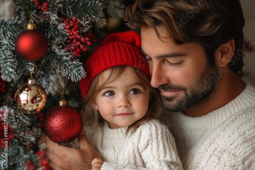 Portrait of a father and daughter in a Santa Claus hat decorating a Christmas tree. Christmas concept. Happy family decorating Christmas tree