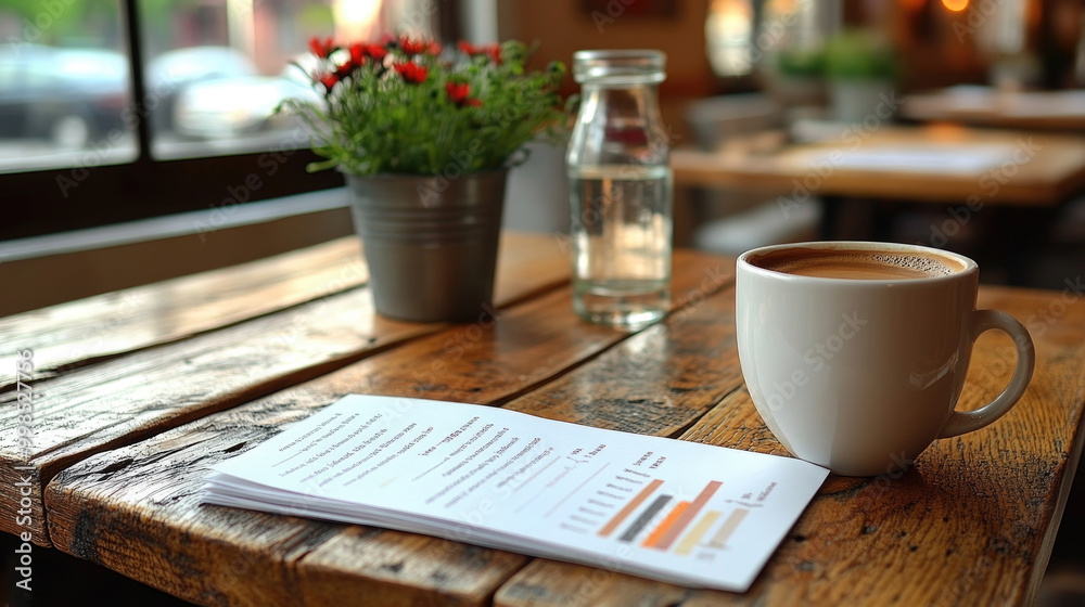 A warm cup of coffee sits next to a report and a small flower pot on a rustic wooden table in a charming café A warm cup of coffee sits next to a report and a small flower pot on a rustic wooden table in a charming café