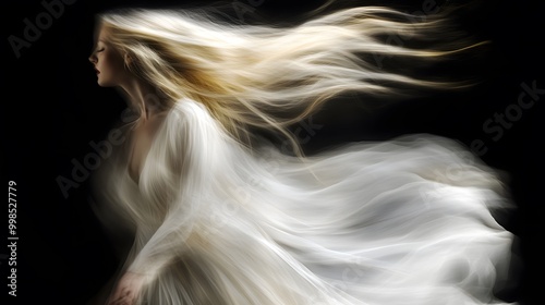 A close-up of the dancing blonde girl in white flowing fabric, her hair and swirling around like an elegant ballet on a black background