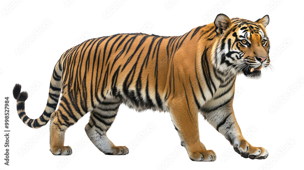 A majestic tiger strides gracefully through its habitat during a vibrant sunset, showcasing its striking orange and black stripes A majestic tiger strides gracefully through its habitat during a vibrant sunset, showcasing its striking orange and black stripes