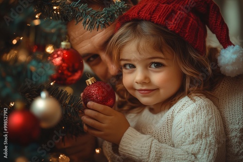 Portrait of a father and daughter in a Santa Claus hat decorating a Christmas tree. Christmas concept. Happy family decorating Christmas tree photo