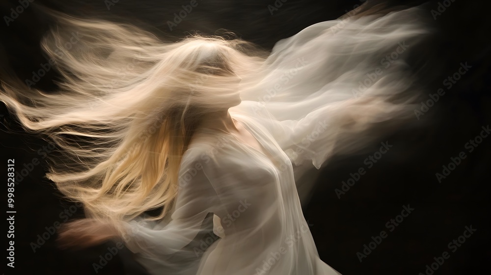 A close-up of the dancing blonde girl in white flowing fabric, her hair and swirling around like an elegant ballet on a black background A close-up of the dancing blonde girl in white flowing fabric, her hair and swirling around like an elegant ballet on a black background