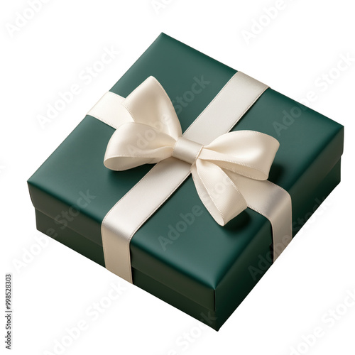 Gift box wrapped in green paper with a champagne ribbon and bow isolated against a transparent background. Creative Christmas, New Year or birthday present concept. Wedding or anniversary decoration.