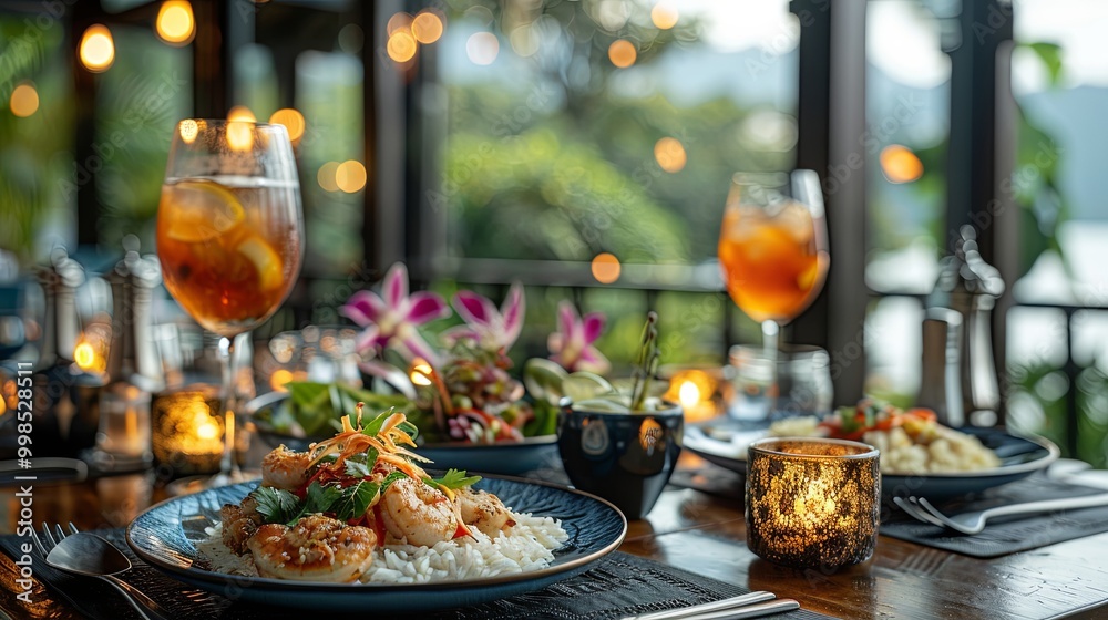 Fototapeta premium Elegant Dinner Setting with Shrimp and Cocktails