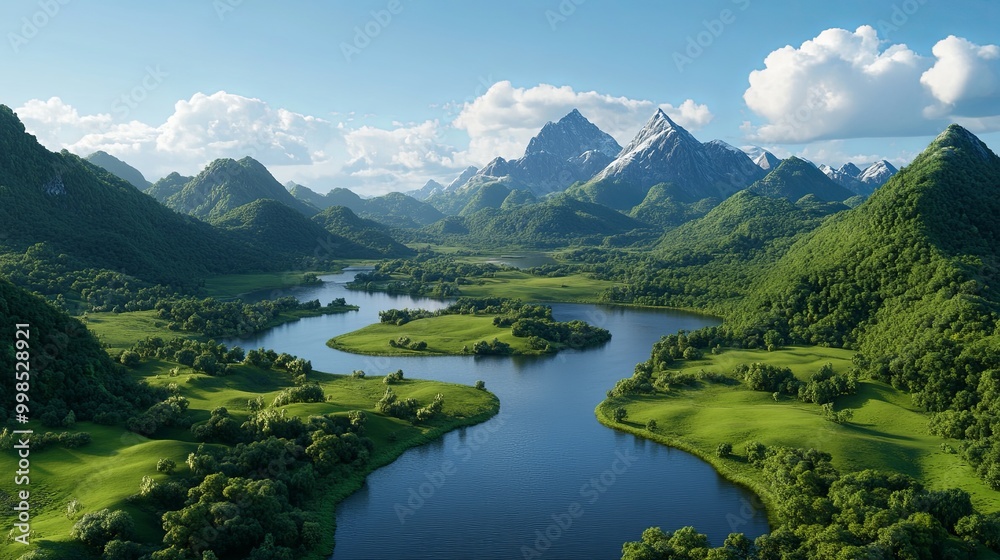 Serene Mountain Landscape with Lush Greenery and River Serene Mountain Landscape with Lush Greenery and River