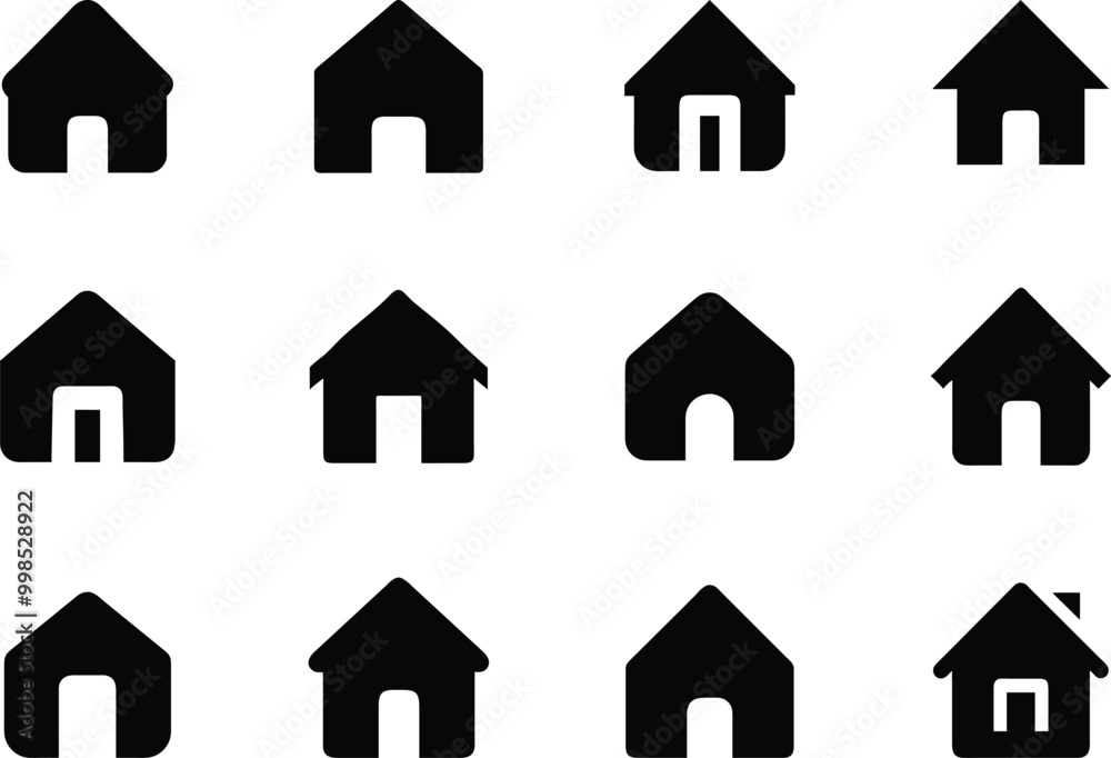 Collection home icons. House symbol. Set of real estate objects and houses black icons isolated on white background. Vector illustration. Collection home icons. House symbol. Set of real estate objects and houses black icons isolated on white background. Vector illustration.
