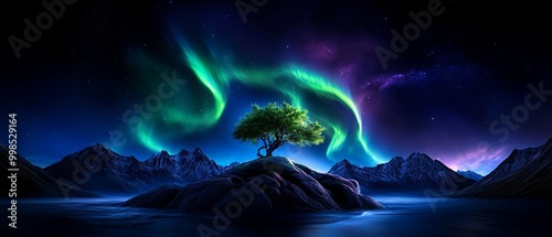 Wallpaper Mural Serene Tree Under Northern Lights Over Mountain Landscape Torontodigital.ca