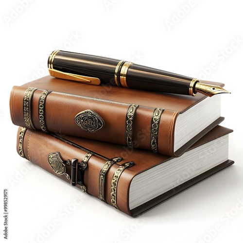 The Refined and Timeless Elegance of Leather Bound Notebooks and Vintage Fountain Pens on a Minimalist White Backdrop