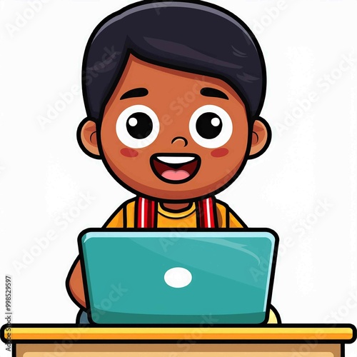 Cute boy working on laptop vector