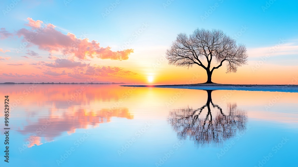 Serene Sunset Over Water with Silhouette of Tree Serene Sunset Over Water with Silhouette of Tree