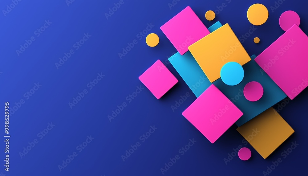 An abstract geometric scene with neon-colored squares and circles arranged in a layered pattern, set against a deep blue background. An abstract geometric scene with neon-colored squares and circles arranged in a layered pattern, set against a deep blue background.