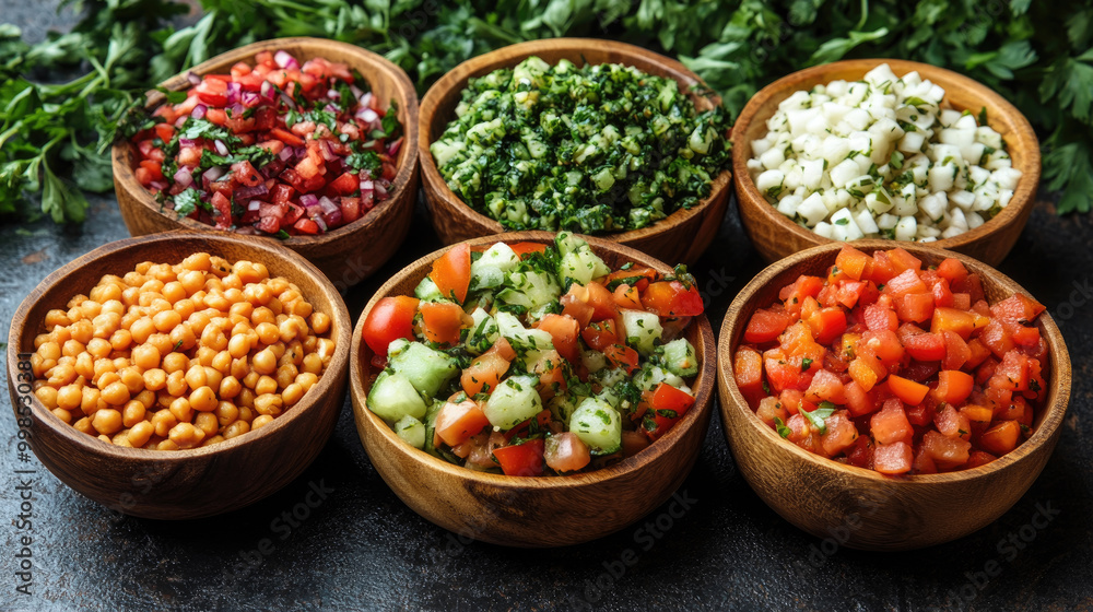 An array of vibrant vegetables and legumes is presented in wooden bowls, showcasing fresh ingredients ready for a meal preparation An array of vibrant vegetables and legumes is presented in wooden bowls, showcasing fresh ingredients ready for a meal preparation