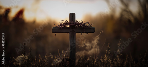 Wooden cross with a crown of thorns on top, a sunrise in the background