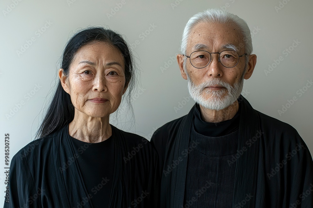 Elderly Couple Dressed in Black, Looking Directly at the Camera Elderly Couple Dressed in Black, Looking Directly at the Camera