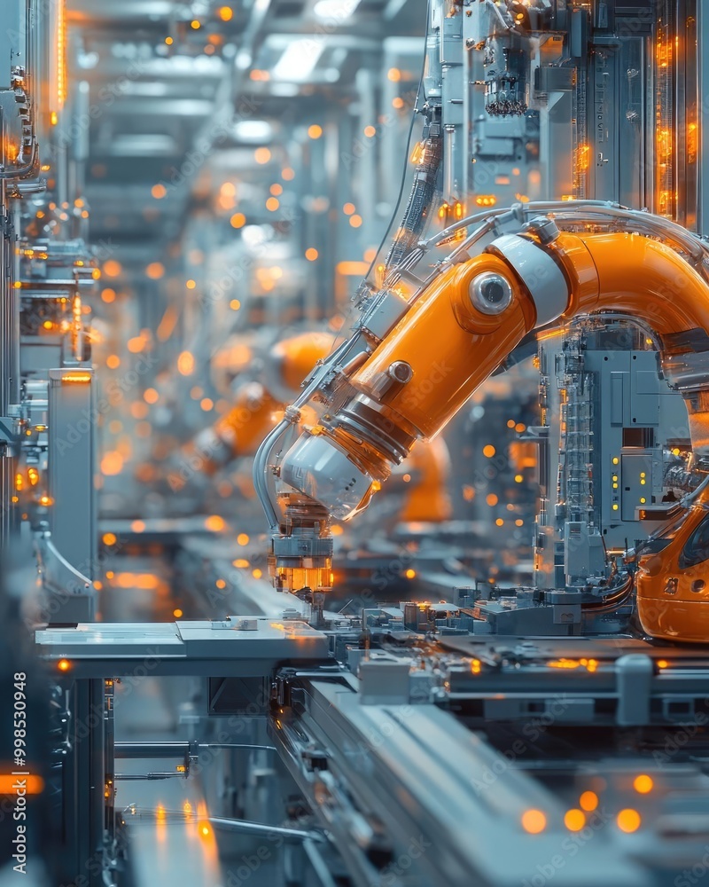 Close-up of an advanced robotic arm in a high-tech production facility, showcasing intricate machinery and glowing components. Close-up of an advanced robotic arm in a high-tech production facility, showcasing intricate machinery and glowing components.