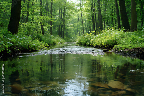 Sunlight filters through the leaves of the trees, casting dappled light on the forest floor beside the flowing stream