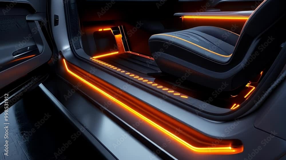 The sleek car interior glows warmly in orange light, highlighting advanced design and technology. Metallic and leather details shine against a dark backdrop, showcasing comfort and innovation