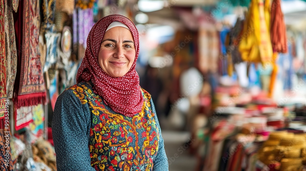 A woman in a traditional Turkish and headscarf, standing in a busy bazaar filled with vibrant textiles, spices, and pottery. A woman in a traditional Turkish and headscarf, standing in a busy bazaar filled with vibrant textiles, spices, and pottery.
