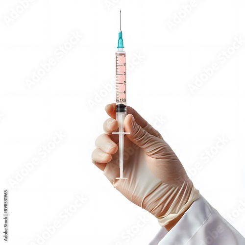 Sterile medical syringe with a transparent barrel and sharp needle filled with clear liquid, positioned on a clean white background. photo