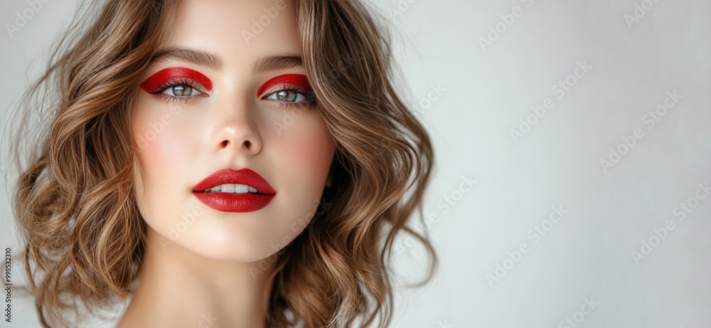 Beauty Portrait: Bold Red Makeup on Light Background