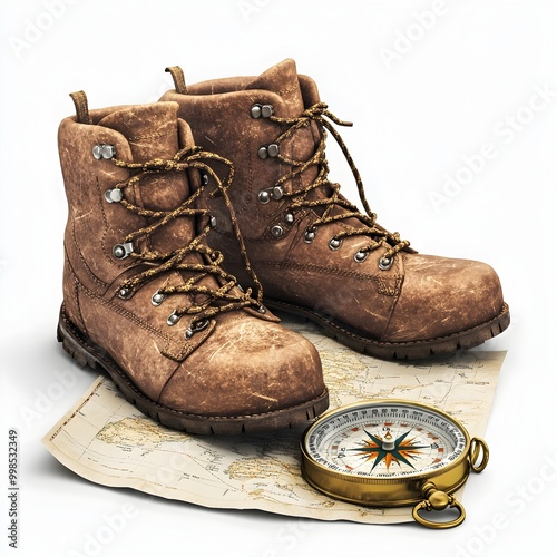 Weathered Hiking Boots Map and Compass on Stark White Background