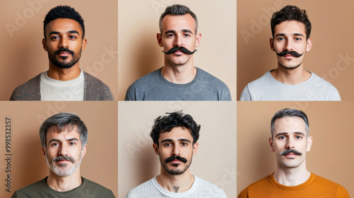 Group of men with various beard styles on neutral background, concept of facial hair trends