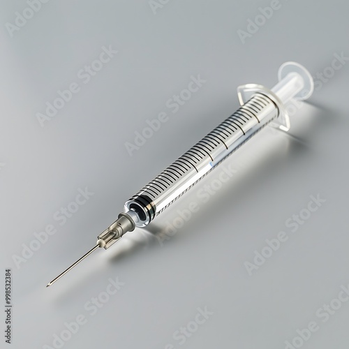 Sterile medical syringe with a transparent barrel and sharp needle filled with clear liquid, positioned on a clean white background. photo