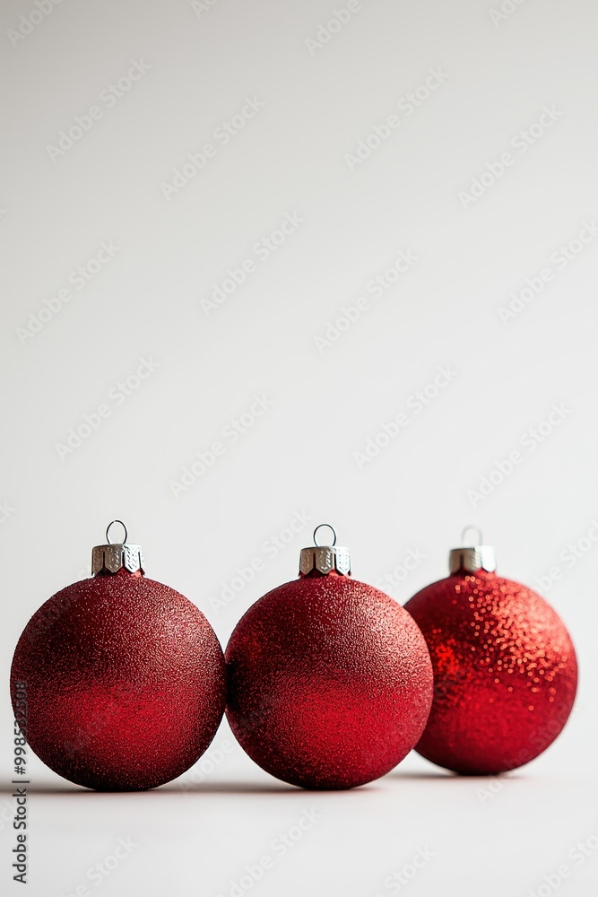 Sparkling Red Ornaments Arranged on White Background Sparkling Red Ornaments Arranged on White Background