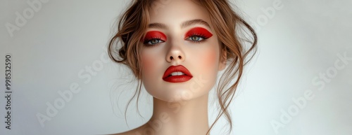 Beauty Portrait: Bold Red Makeup on Light Background