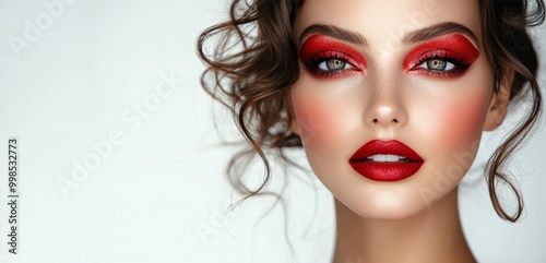 Beauty Portrait: Bold Red Makeup on Light Background