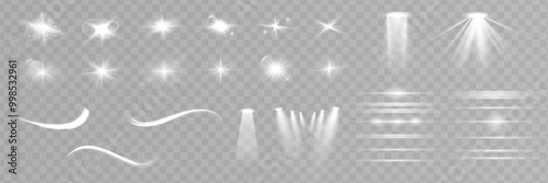 Starlight effect set and spotlight. Glow isolated white transparent light effect set, glitter, line, sun flash, dust, stars, sunlight, spotlight, swirl, spiral, portal or tunnel. Abstract