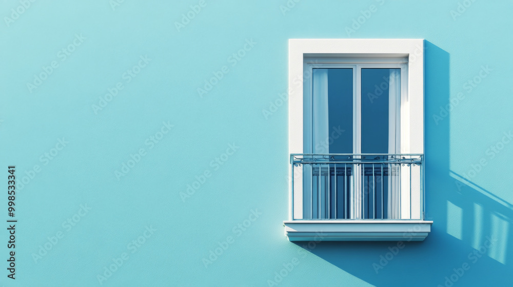 Obraz premium Minimalist balcony on blue wall with closed windows, background