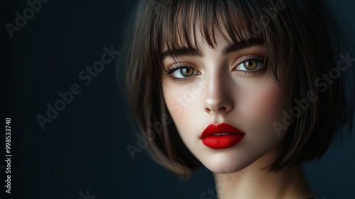 An attractive young woman with short bob hairstyle is wearing it on a studio background. This image focuses on her eyes.