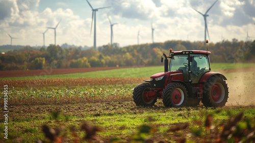 A farmer on a green field, driving a tractor near wind turbines. This shows how farms can use clean energy.
