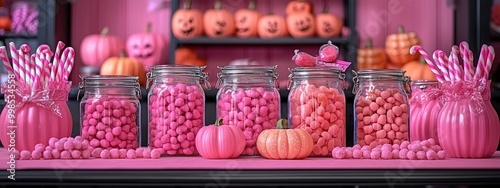 Halloween party snacks in pink colors. Creative, spooky treats make for fun, festive party. Ideal for kids and autumn events. banner 