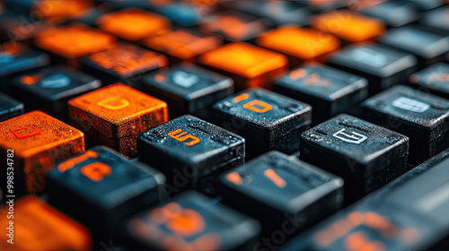 A close-up shows a keyboard with vibrant orange and black keys, creating a striking visual under soft evening lighting photo