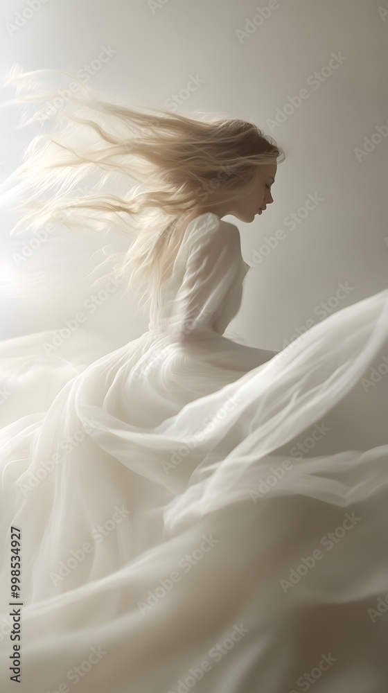 A close-up of the dancing blonde girl in white flowing fabric, her hair and swirling around like an elegant ballet on a black background A close-up of the dancing blonde girl in white flowing fabric, her hair and swirling around like an elegant ballet on a black background