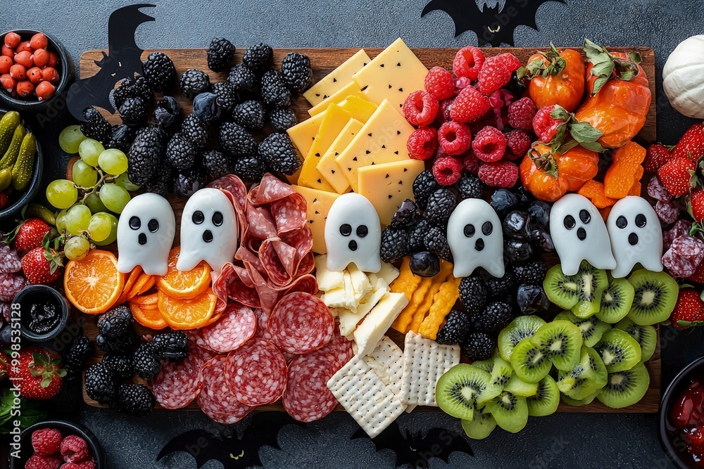 top view of Halloween board with assortment cheeses, crackers, meat and fruit pieces. traditional celebration October feast. top view of Halloween board with assortment cheeses, crackers, meat and fruit pieces. traditional celebration October feast.