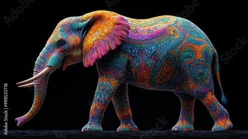 A colorful, detailed, intricate patterned elephant against a black background.