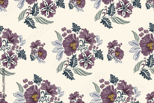 Vintage Lotus Floral pattern wallpaper seamless embroidery Ikat textured purple flowers on white background border Denmark ethnic motif traditional. Aztec style abstract vector illustration design.