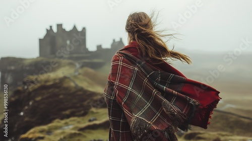 A woman in a traditional Scottish tartan dress, standing on a rugged hilltop with a historic castle in the background.