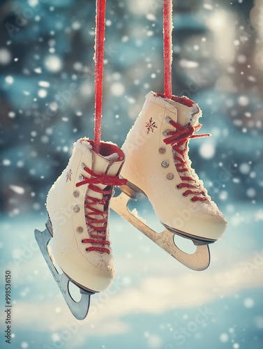 Wallpaper Mural Vintage Ice Skates on Snowy Fence in Winter Landscape
 Torontodigital.ca