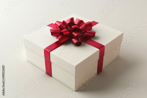 White gift box with red ribbon on white insulated background