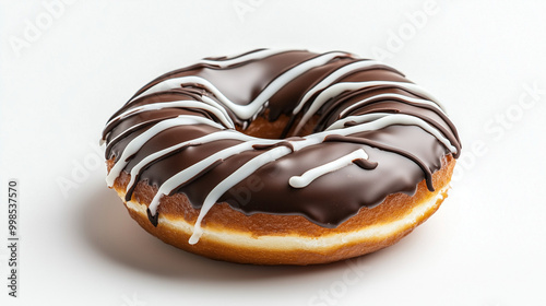 A delicious donut covered in chocolate glaze with white icing stripes, resting on a white background