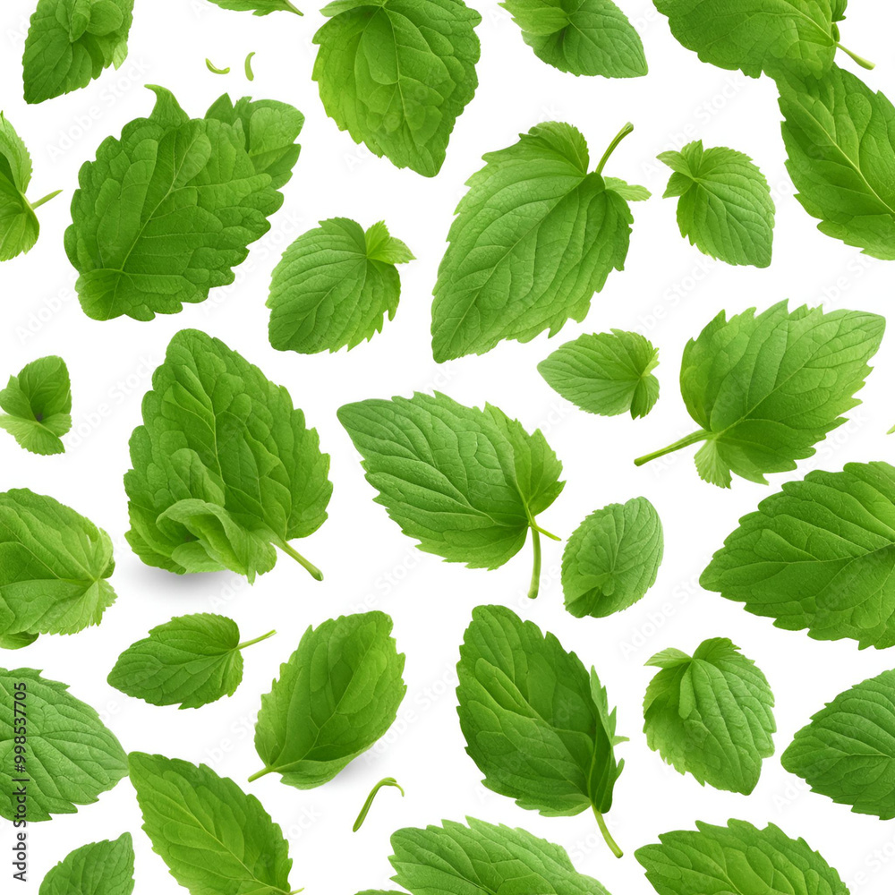 A vibrant pattern of fresh green mint leaves spread on a white background, capturing their natural texture and vivid color, suitable for culinary, botanical, and health-related themes. A vibrant pattern of fresh green mint leaves spread on a white background, capturing their natural texture and vivid color, suitable for culinary, botanical, and health-related themes.